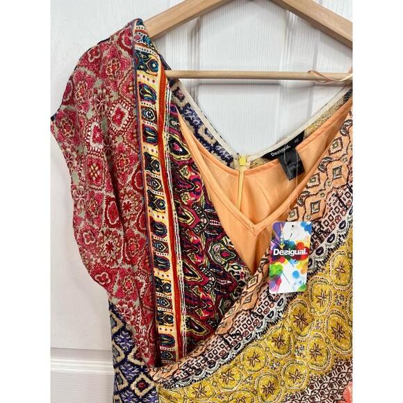 Desigual Dress Size EU 46 Multi-Color Patchwork Bohemian V-Neck Vibrant Eclectic - Picture 4 of 15